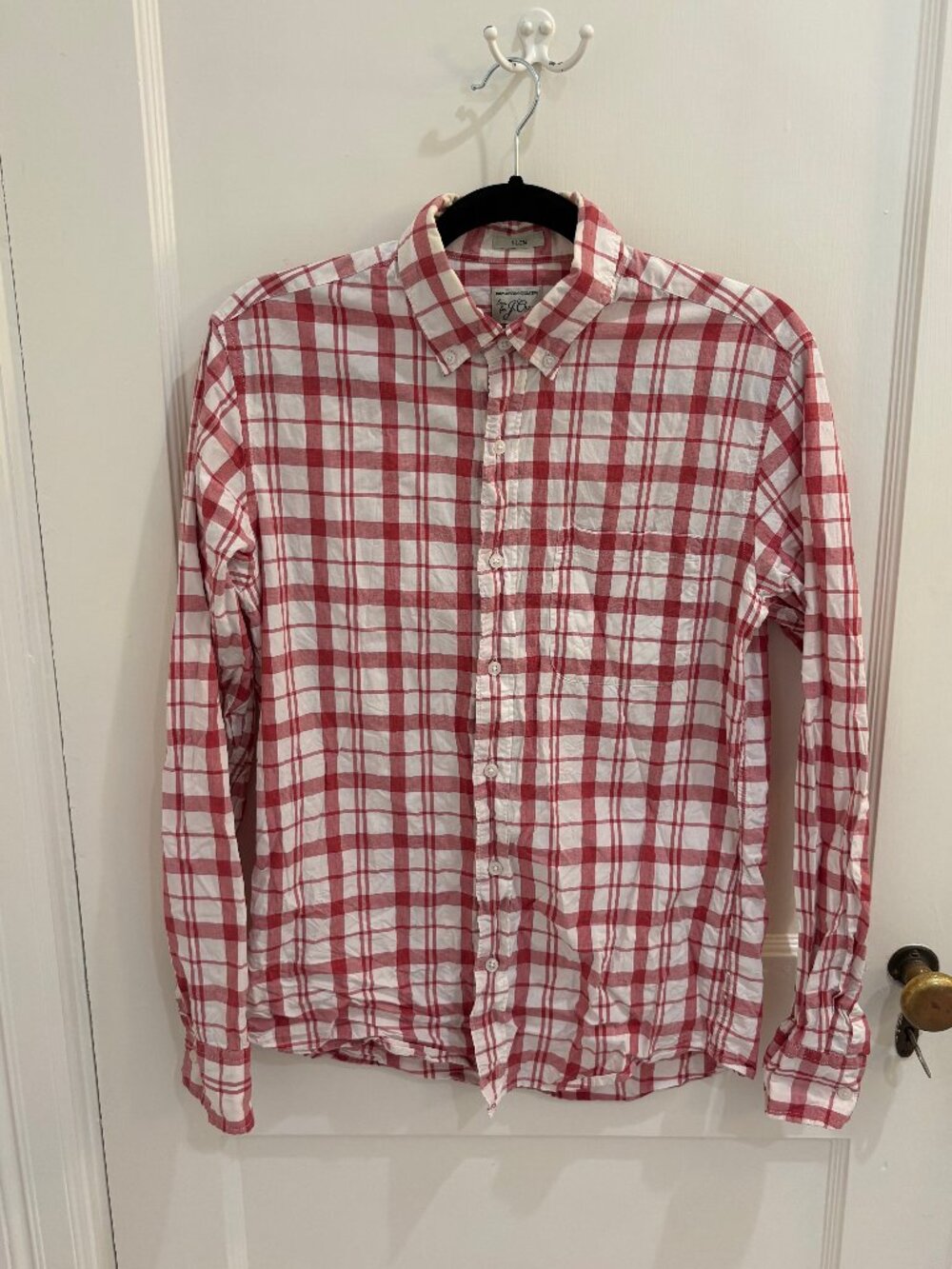 J Crew Men's Casual Button Down Red and White Slim Fit Cotton Shirt, Size S, GUC